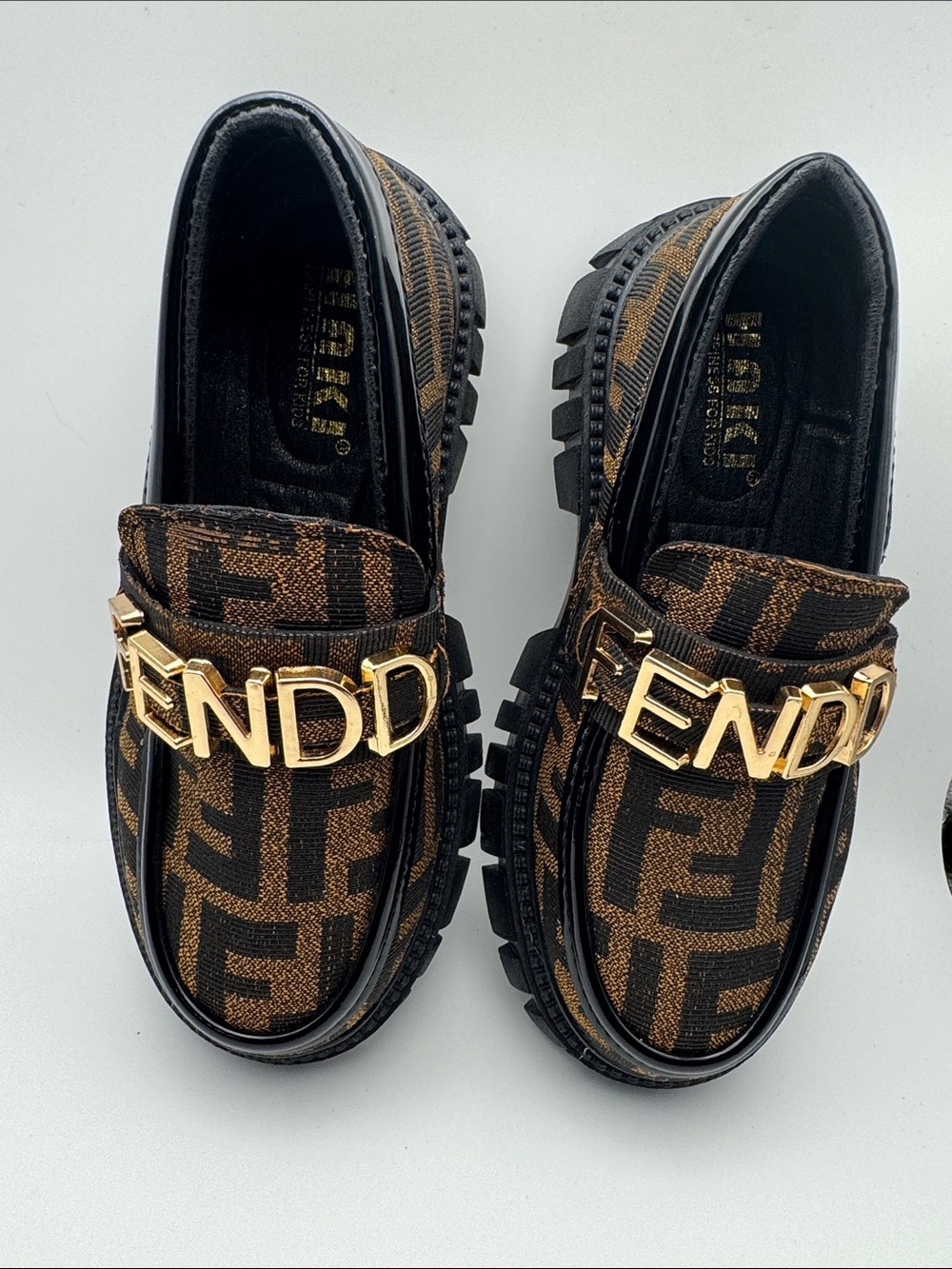 Fendi Brown and Black Logo Loafers with Gold Lettering